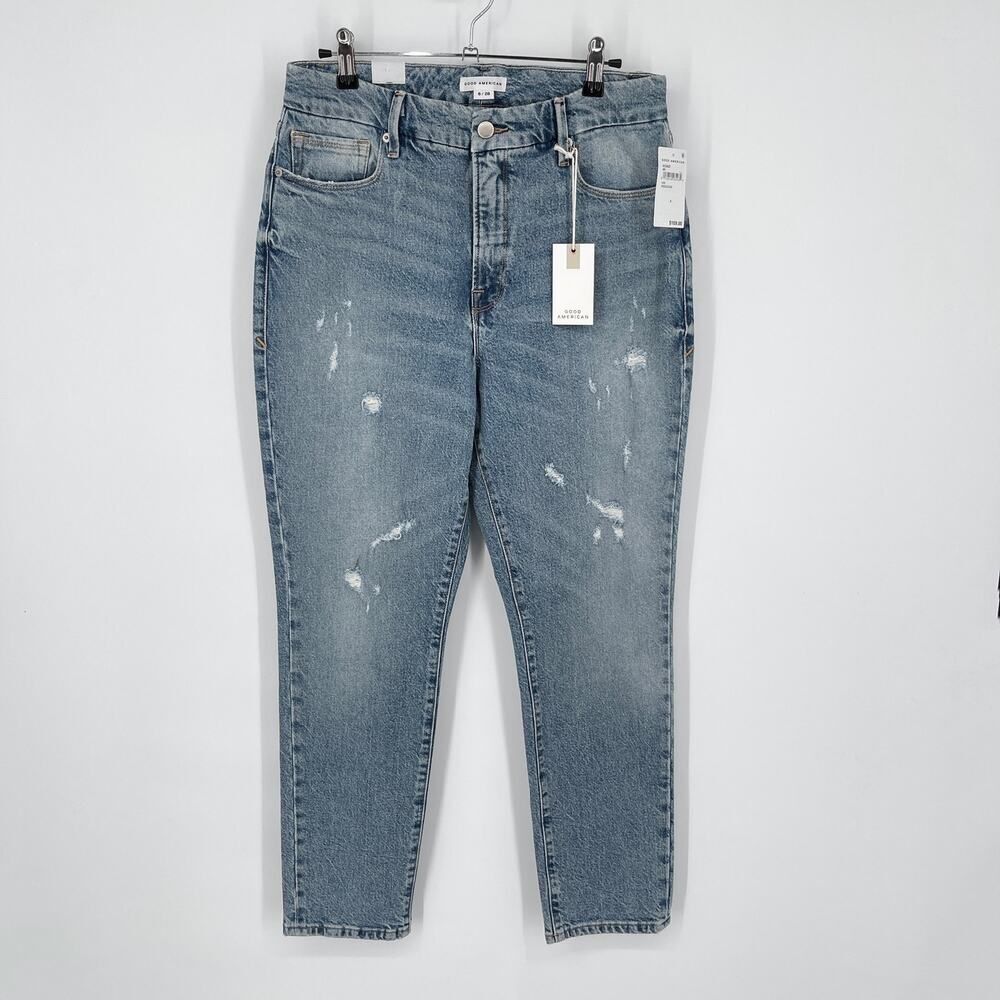 Good American Good Classic Distressed Straight Jeans NEW Sz 6 / 28 Stretch Blue